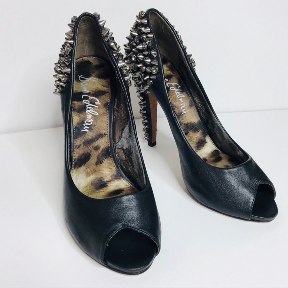 Sam Edelman Black Peep Toe Heels with Silver Spikes